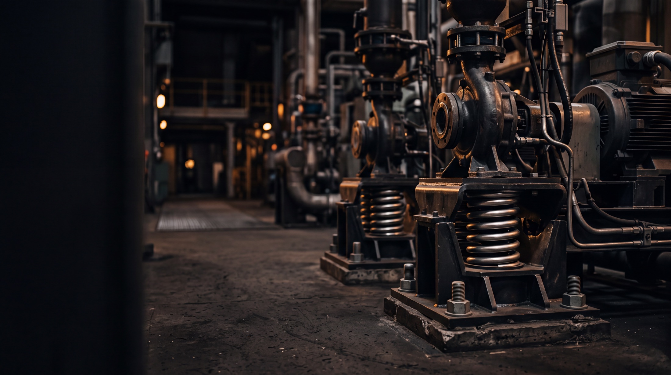 Seismic-restrained spring isolators anchoring heavy mechanical equipment
